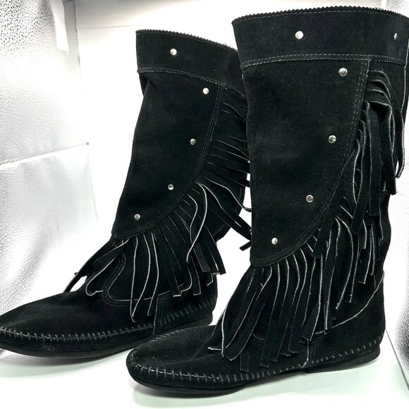 Minnetonka Black Fringe and Studded Moccasin Boots - Picture 1 of 4